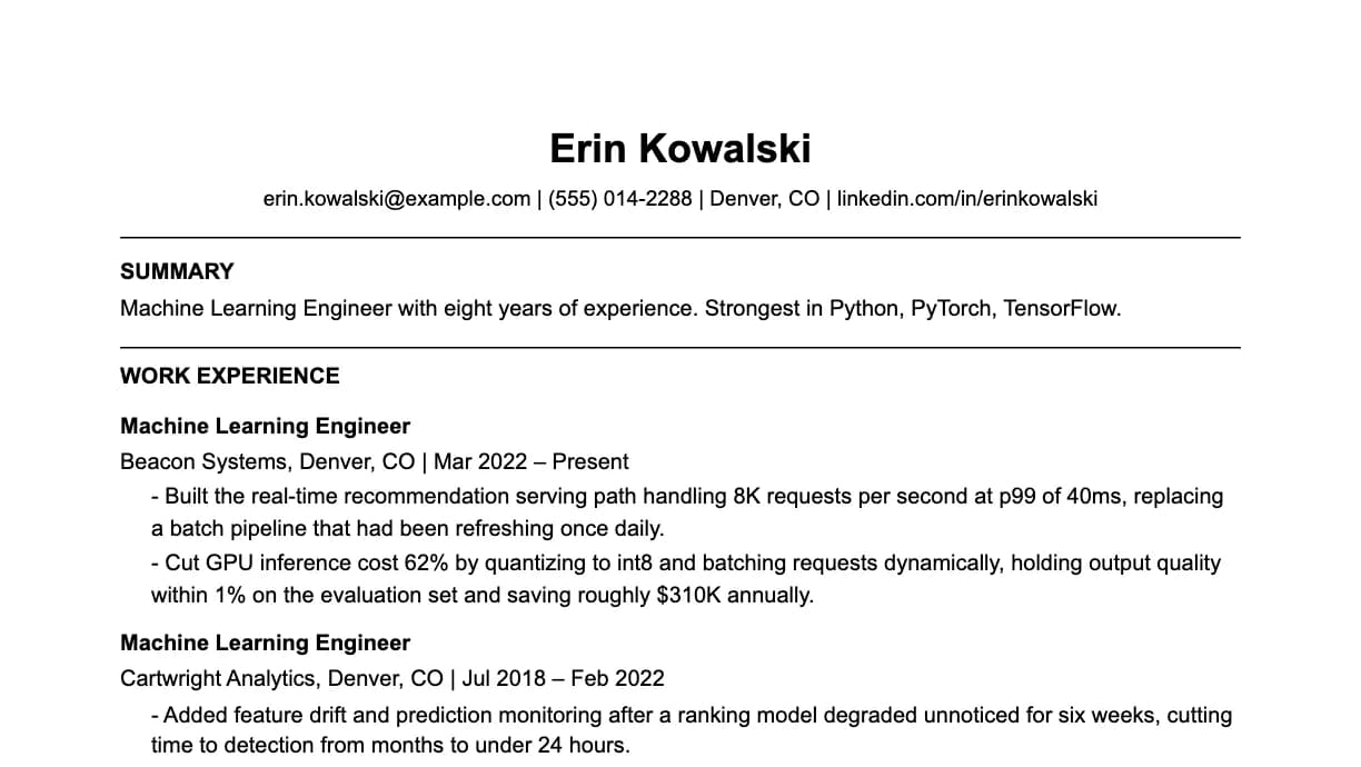 The top of a machine learning engineer resume: contact details, a two-line summary, and the first role with two quantified achievements.
