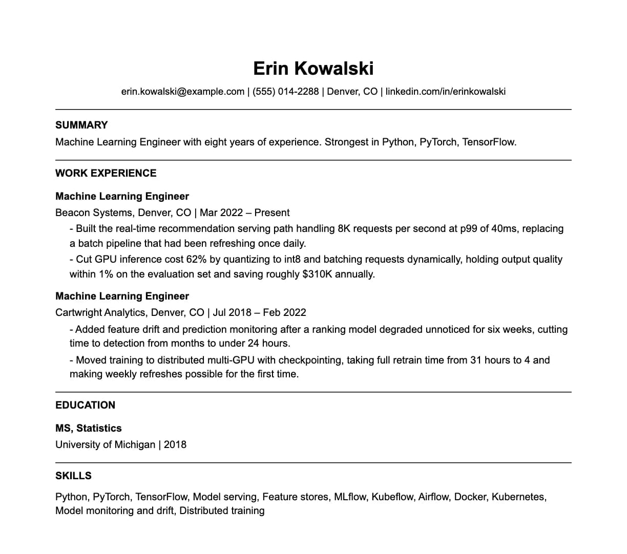 A complete one-page machine learning engineer resume: contact line, summary, two roles with quantified achievements, education and a skills list.