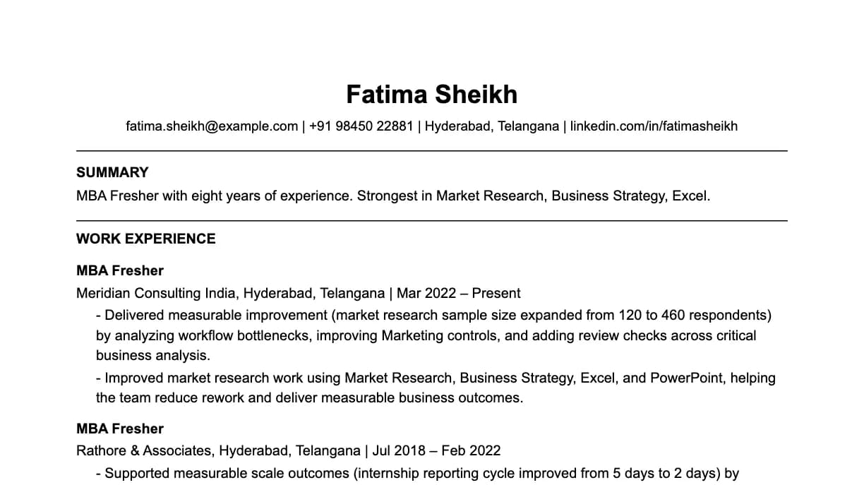 The top of an MBA fresher resume: contact details, a two-line summary, and the first role with two quantified achievements.