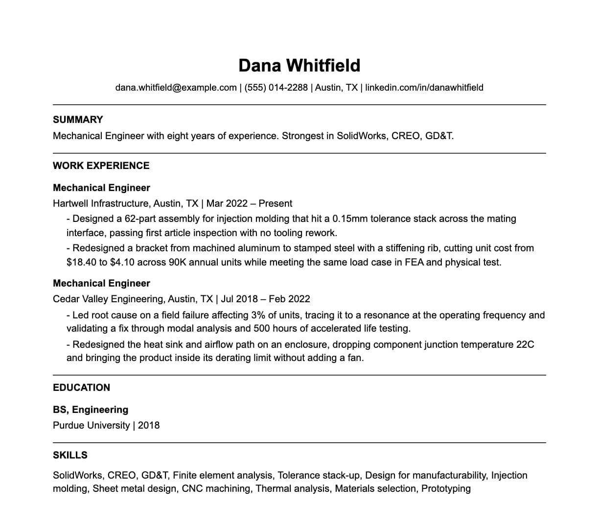 A complete one-page mechanical engineer resume: contact line, summary, two roles with quantified achievements, education and a skills list.