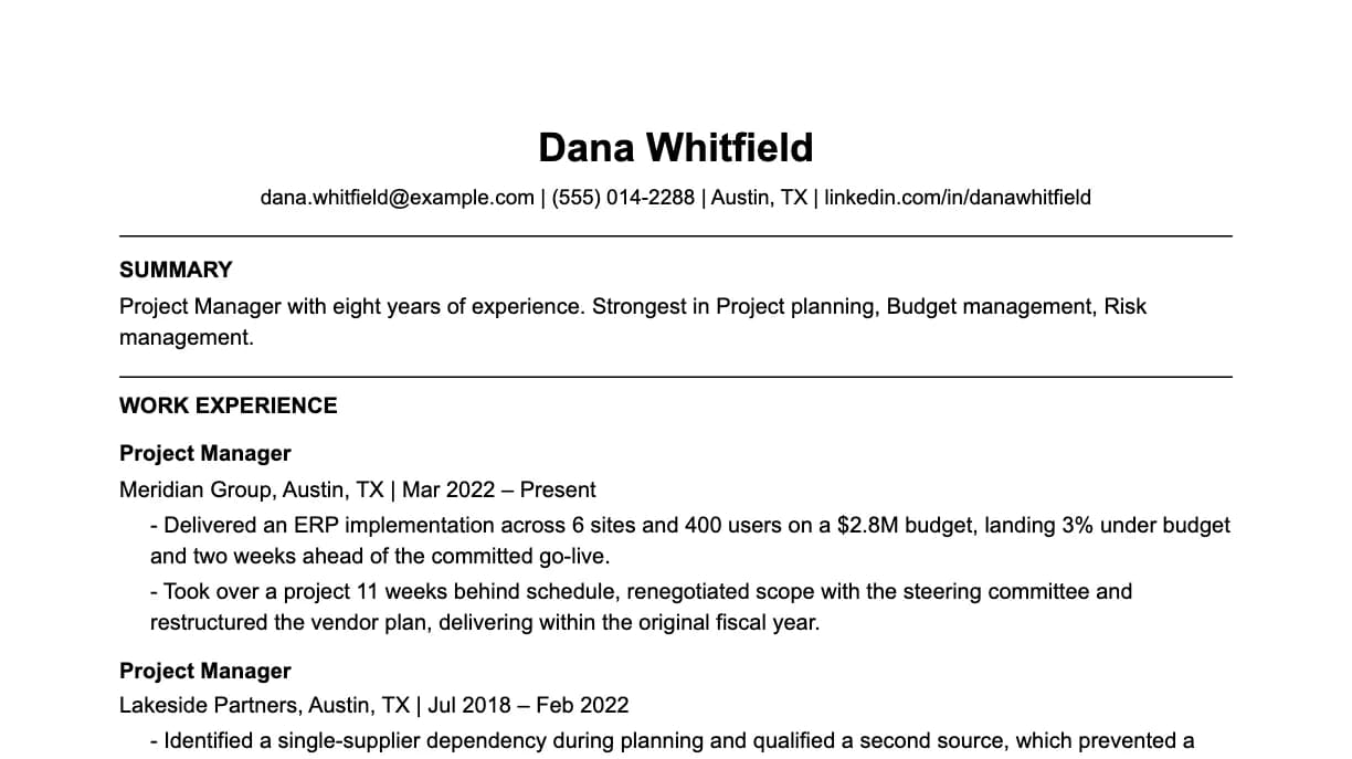 The top of a project manager resume: contact details, a two-line summary, and the first role with two quantified achievements.