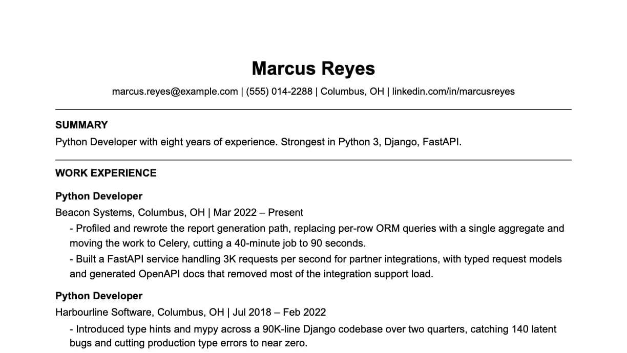 The top of a python developer resume: contact details, a two-line summary, and the first role with two quantified achievements.