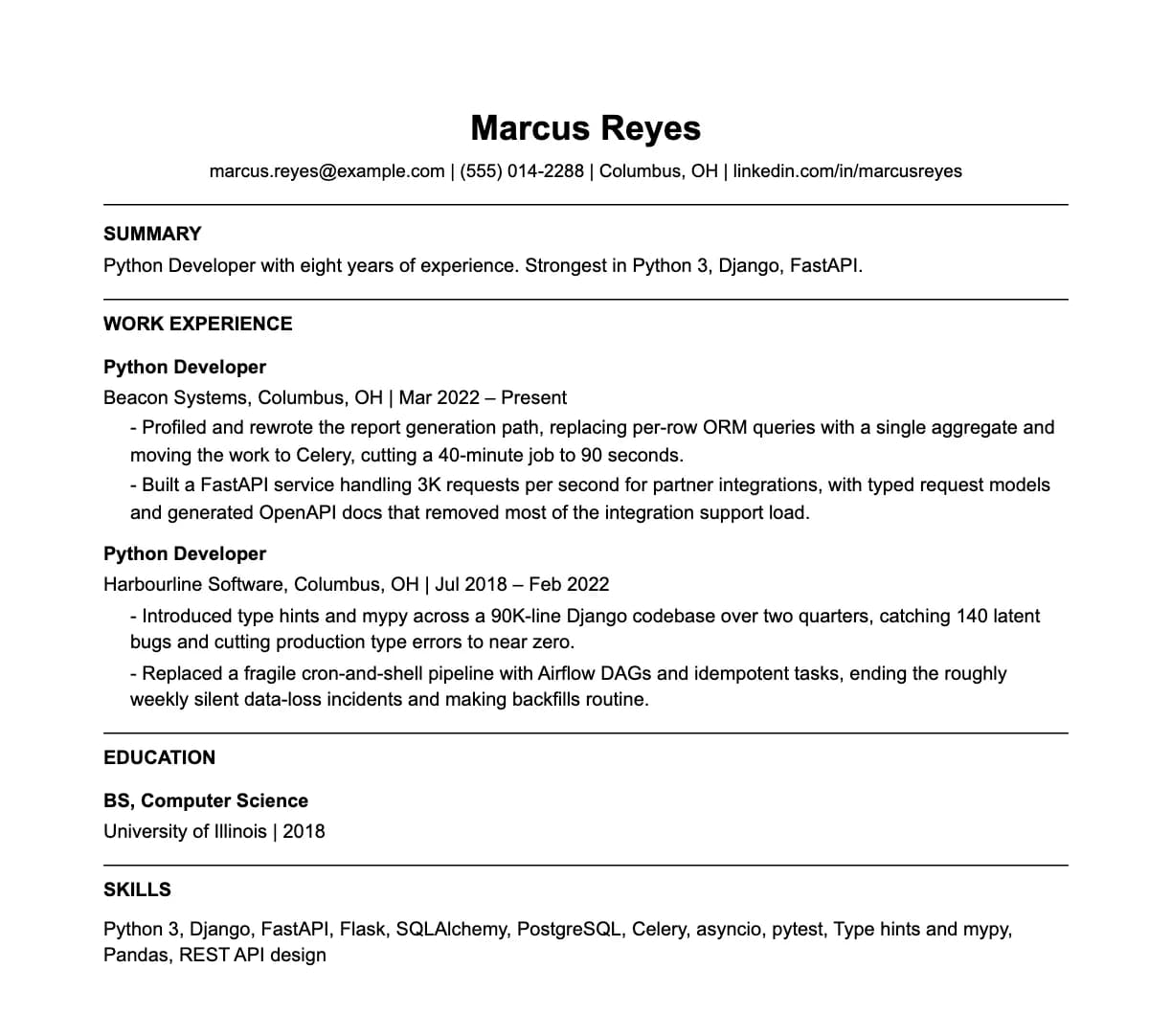 A complete one-page python developer resume: contact line, summary, two roles with quantified achievements, education and a skills list.
