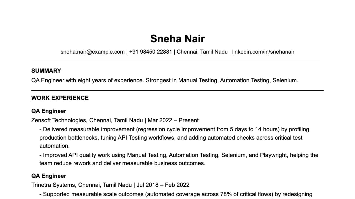 The top of a QA engineer resume: contact details, a two-line summary, and the first role with two quantified achievements.
