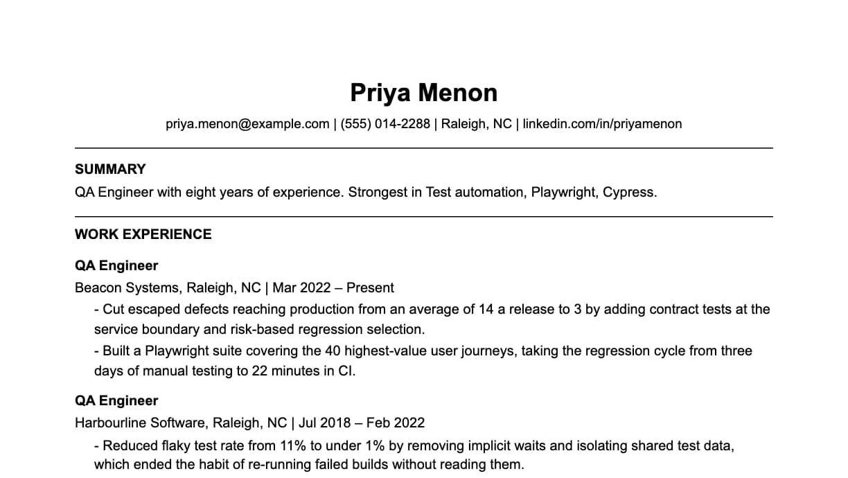 The top of a QA engineer resume: contact details, a two-line summary, and the first role with two quantified achievements.