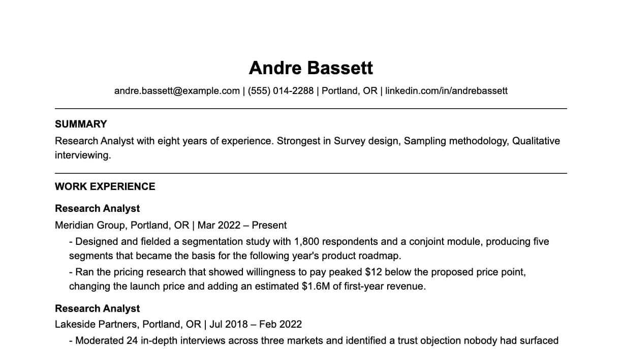 The top of a research analyst resume: contact details, a two-line summary, and the first role with two quantified achievements.