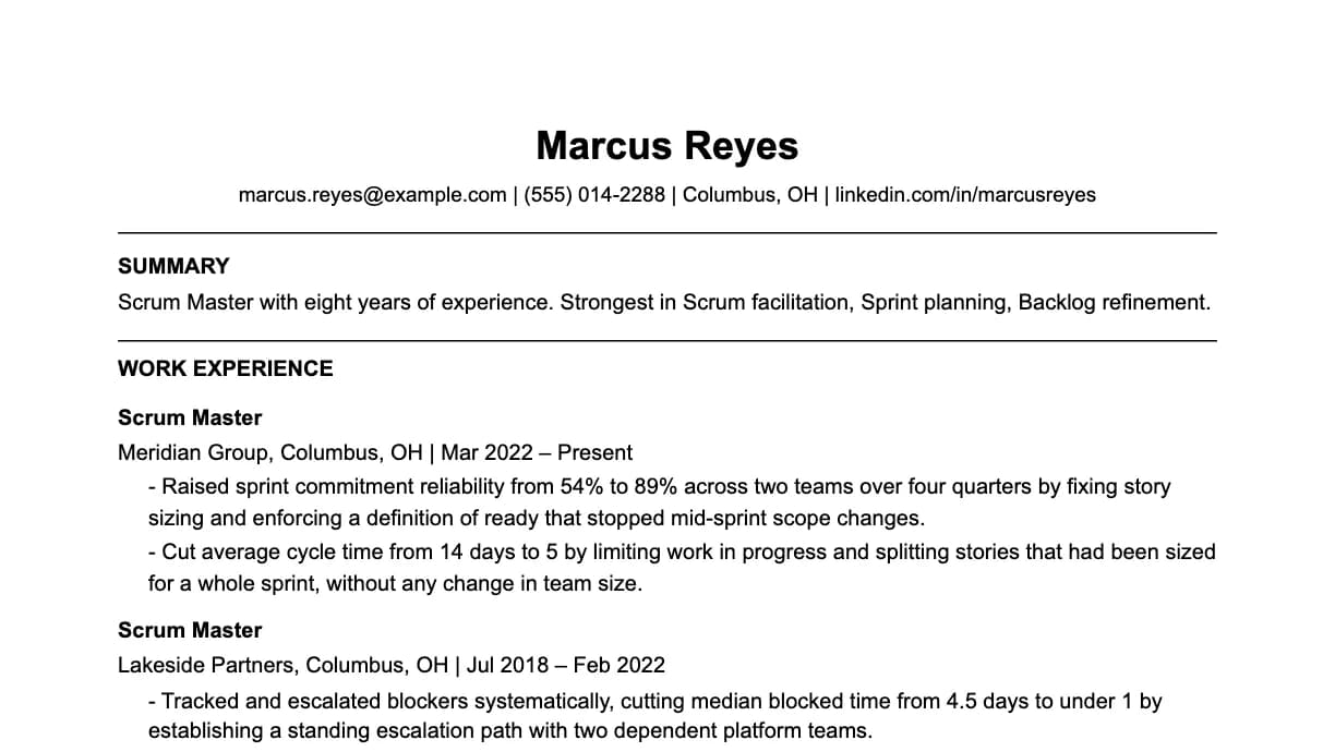 The top of a scrum master resume: contact details, a two-line summary, and the first role with two quantified achievements.