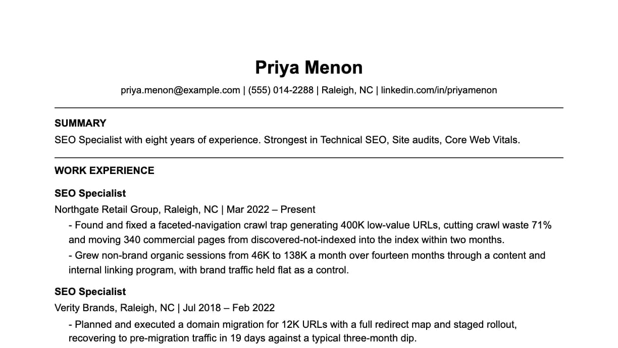 The top of an SEO specialist resume: contact details, a two-line summary, and the first role with two quantified achievements.