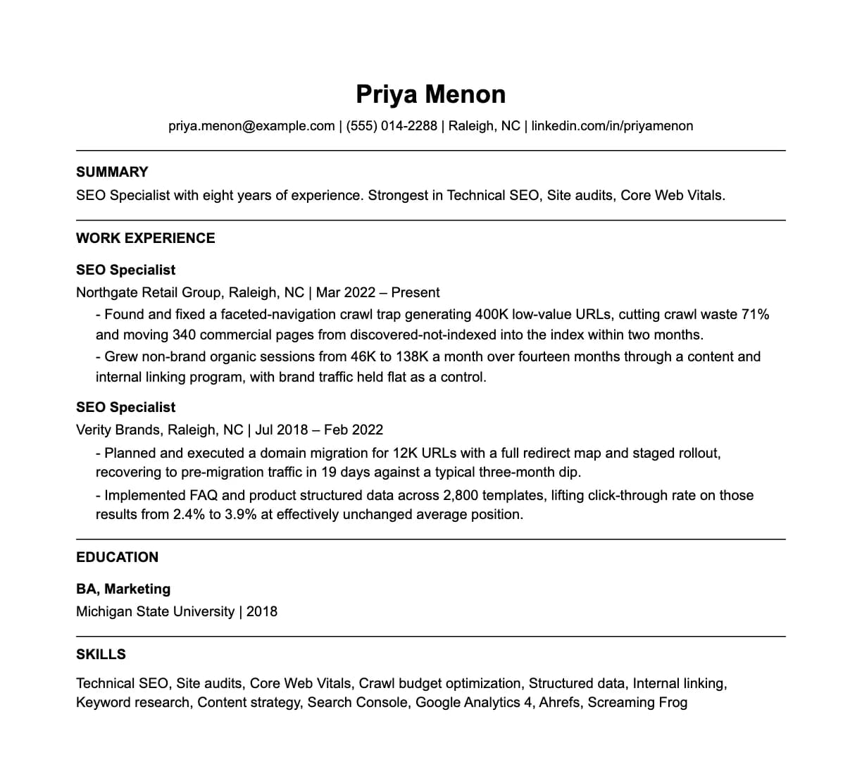A complete one-page seo specialist resume: contact line, summary, two roles with quantified achievements, education and a skills list.