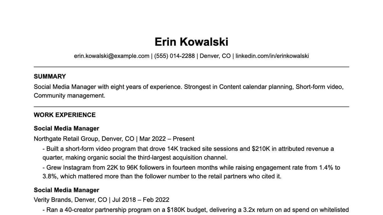The top of a social media manager resume: contact details, a two-line summary, and the first role with two quantified achievements.