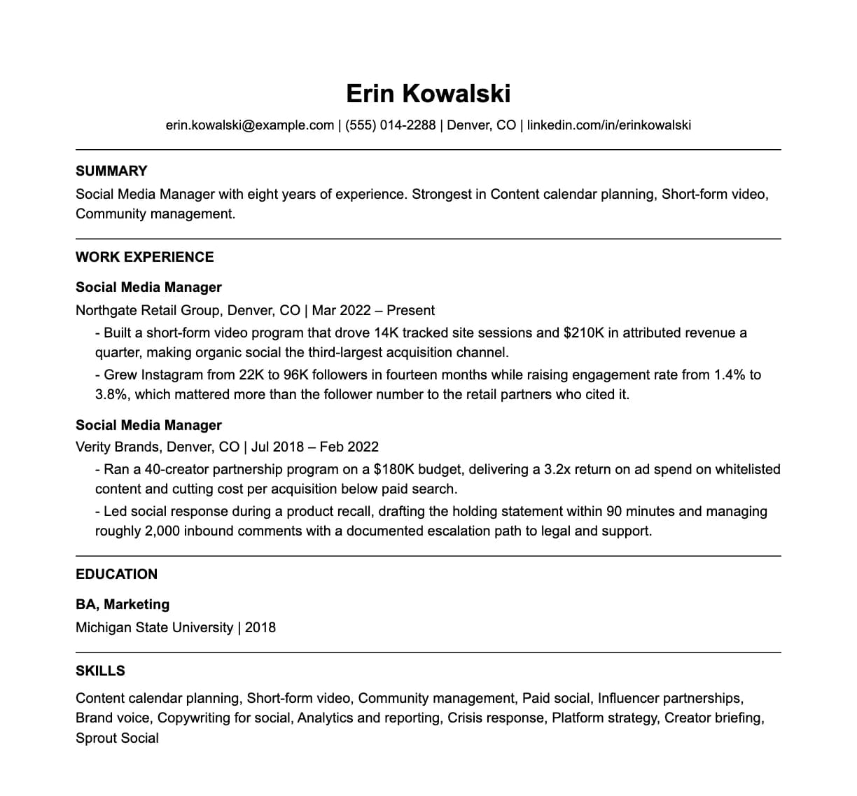 A complete one-page social media manager resume: contact line, summary, two roles with quantified achievements, education and a skills list.