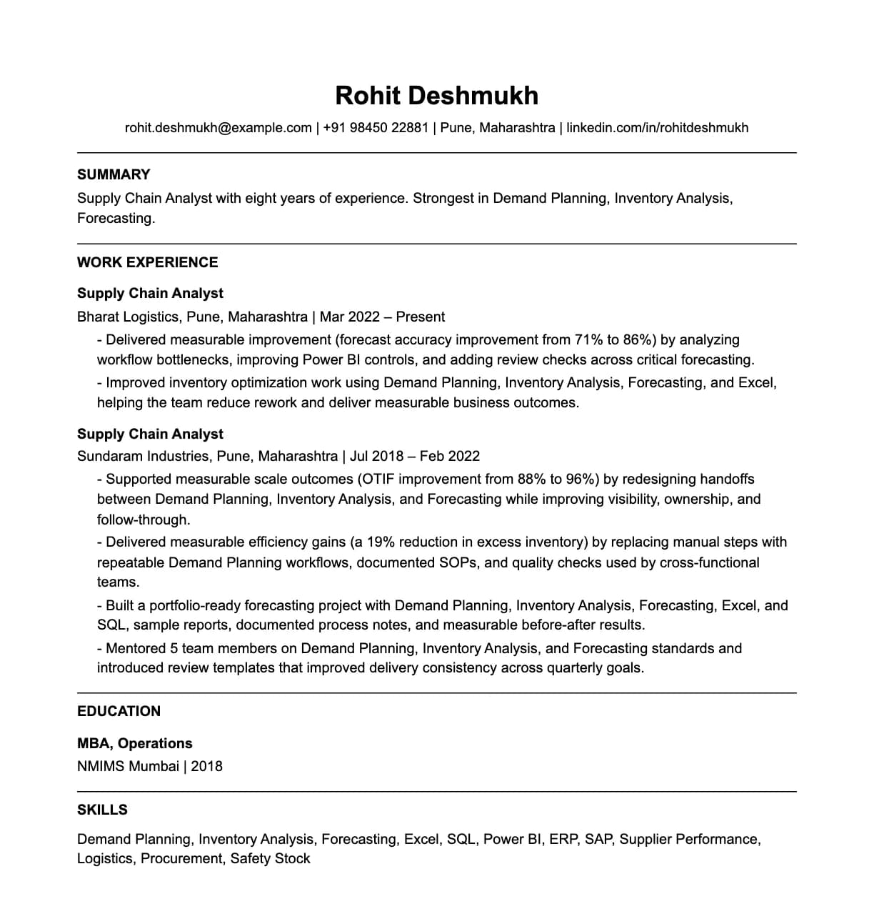 A complete one-page supply chain analyst resume: contact line, summary, two roles with quantified achievements, education and a skills list.