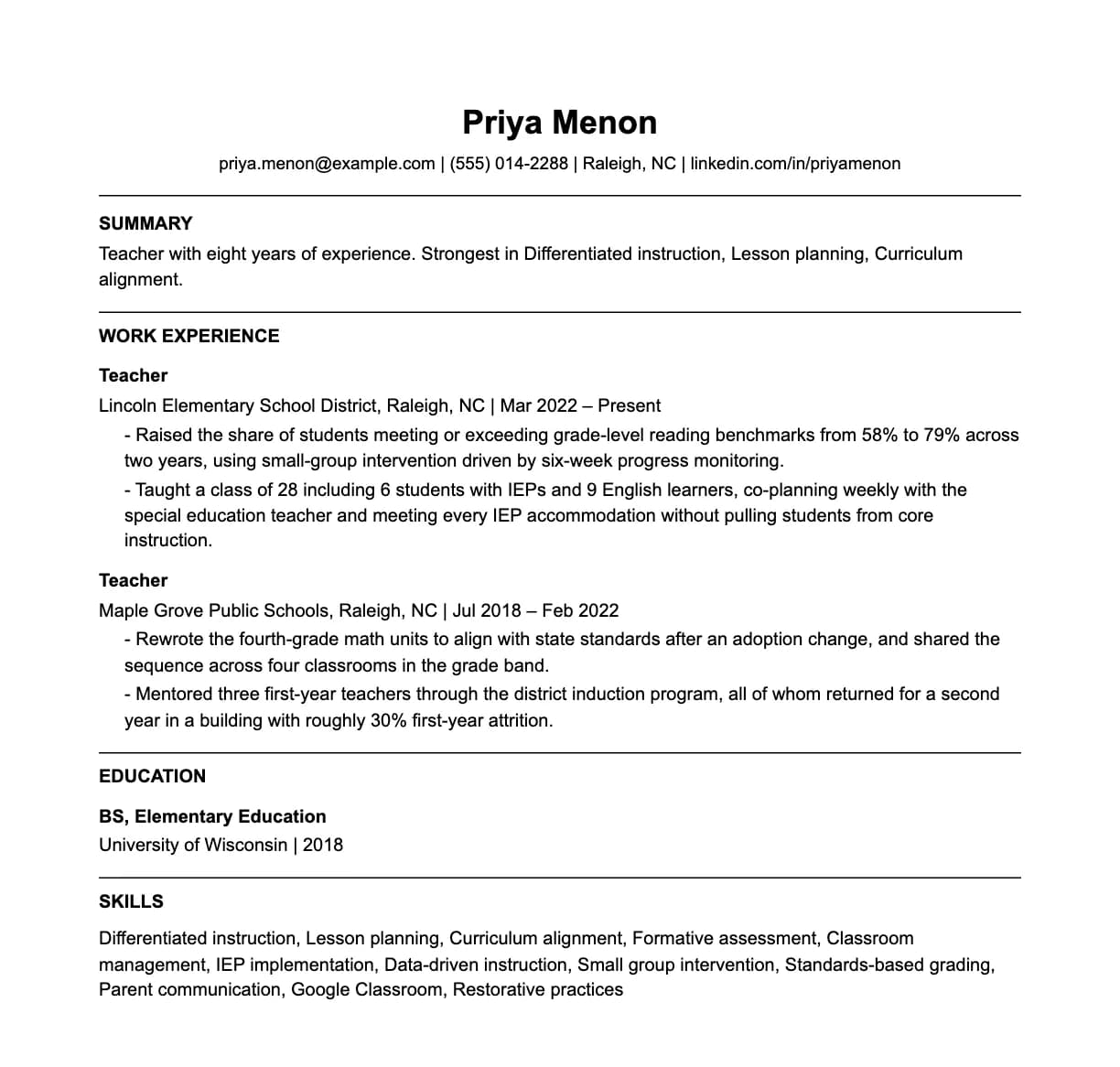 A complete one-page teacher resume: contact line, summary, two roles with quantified achievements, education and a skills list.