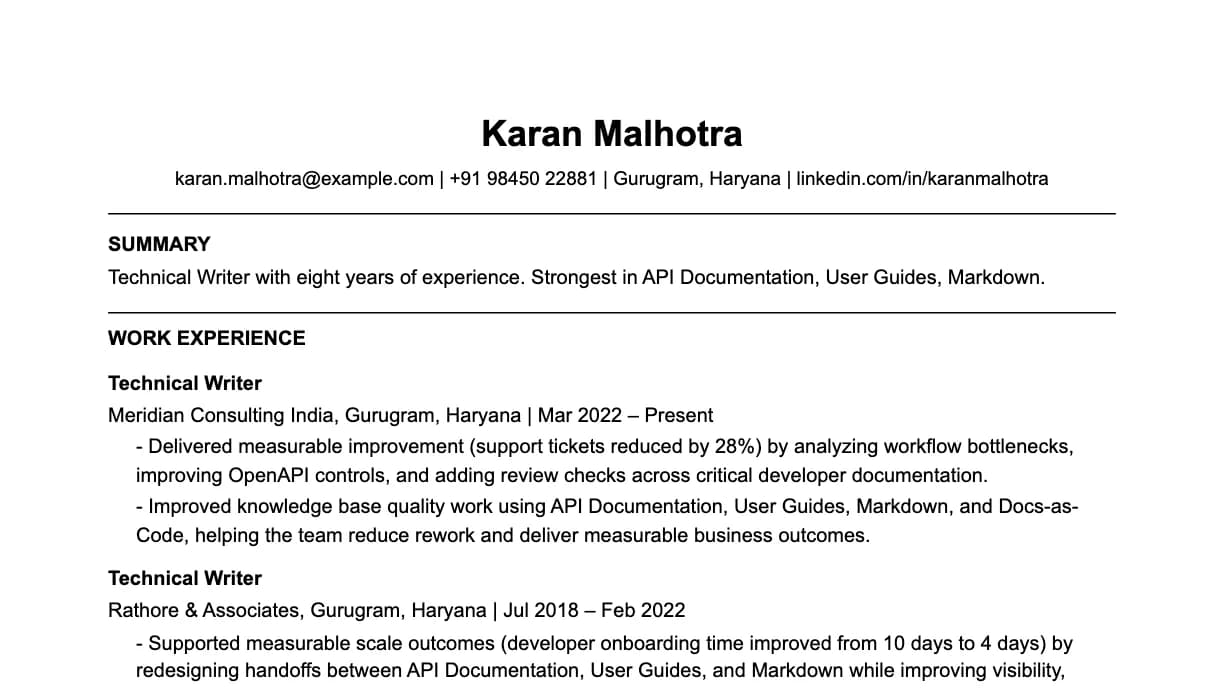 The top of a technical writer resume: contact details, a two-line summary, and the first role with two quantified achievements.