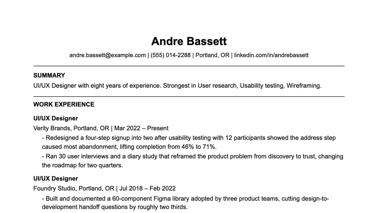 The top of a UI/UX designer resume: contact details, a two-line summary, and the first role with two quantified achievements.