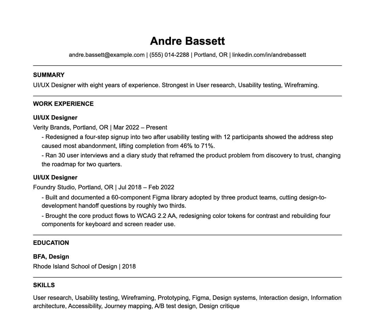 A complete one-page ui/ux designer resume: contact line, summary, two roles with quantified achievements, education and a skills list.